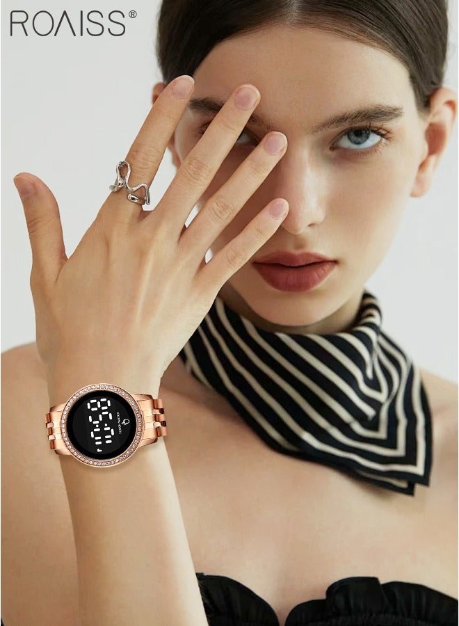 رويس ساعة يد نسائية رقمية بشاشة تعمل باللمس بمينا دائري وإطار مزخرف بأحجار الراين، ساعة مضيئة مقاومة للماء بحزام من الفولاذ المقاوم للصدأ مع شاشة عرض تقويم، ذهبي وردي - Image 2